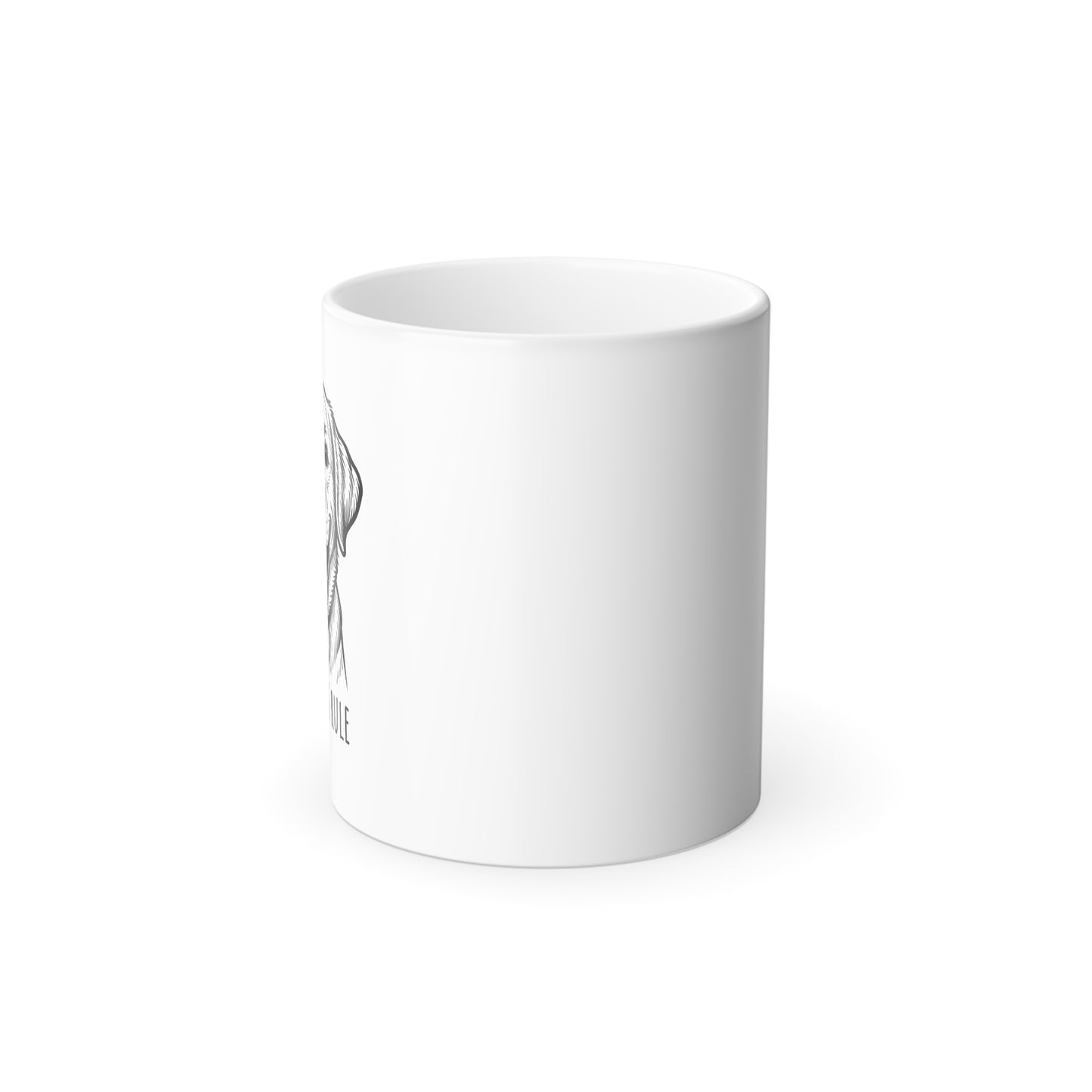 White mug with a black design on a white background
