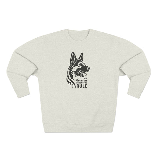 Beige sweatshirt with a black dog graphic and 'German Shepherds Rule' text on a white background
