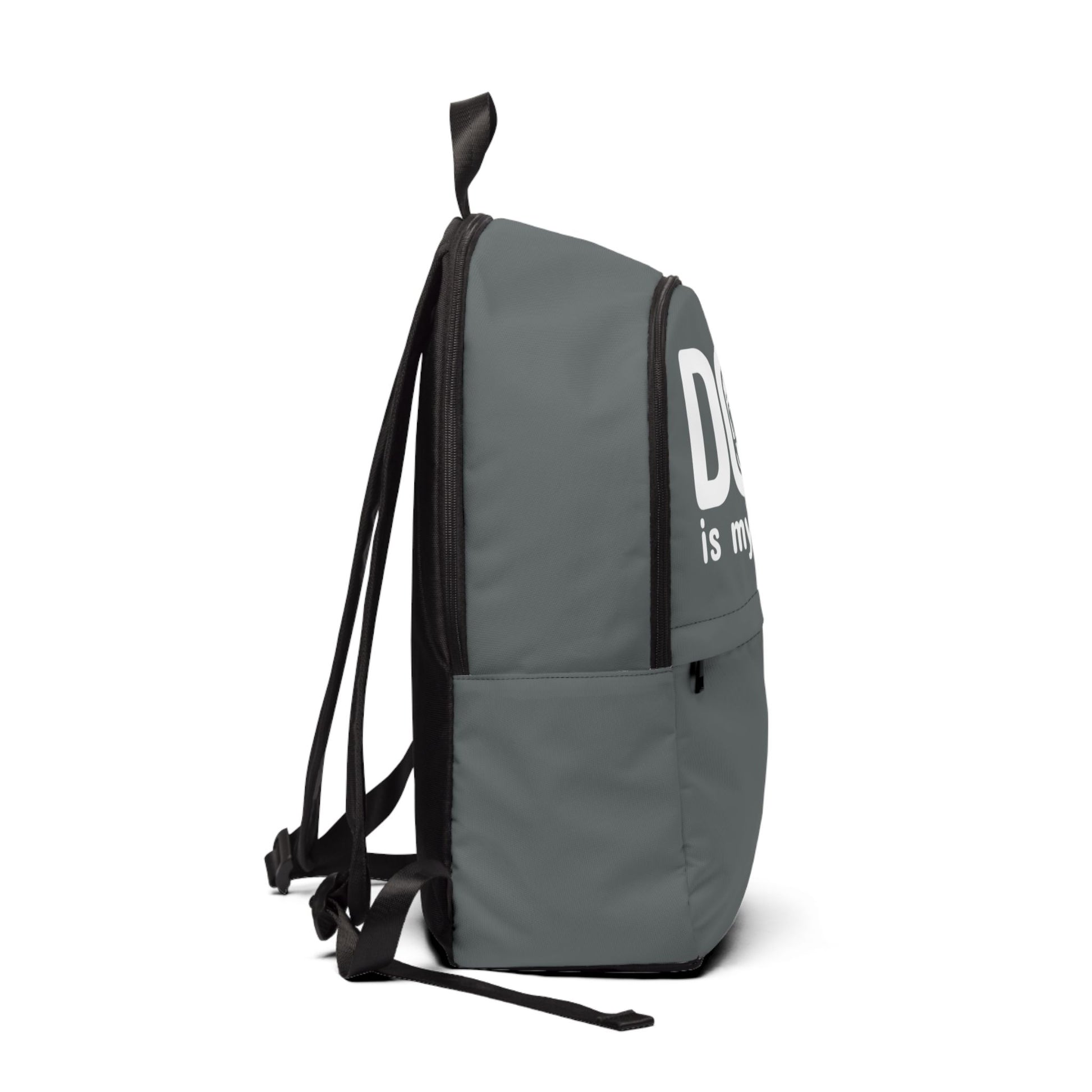 Gray backpack with black straps on a white background