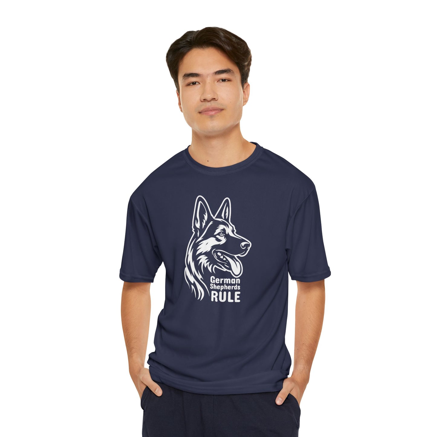 Man wearing a navy blue t-shirt with a German Shepherd design and 'German Shepherd Rule' text on a white background