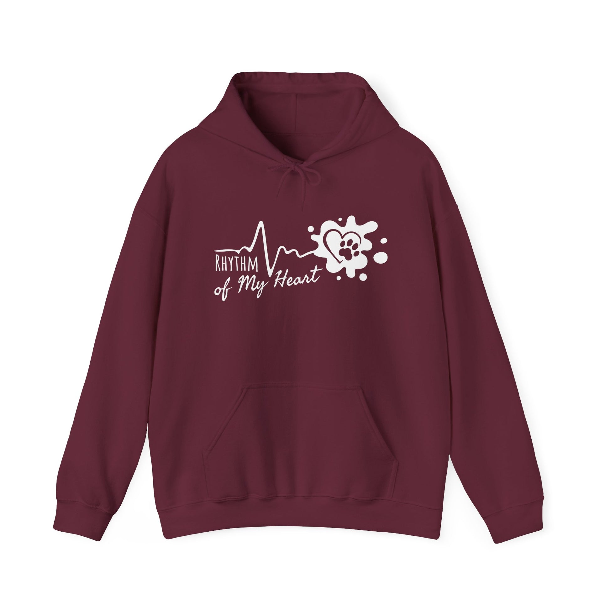 Maroon hoodie with 'Rhythm of My Heart' design on a white background