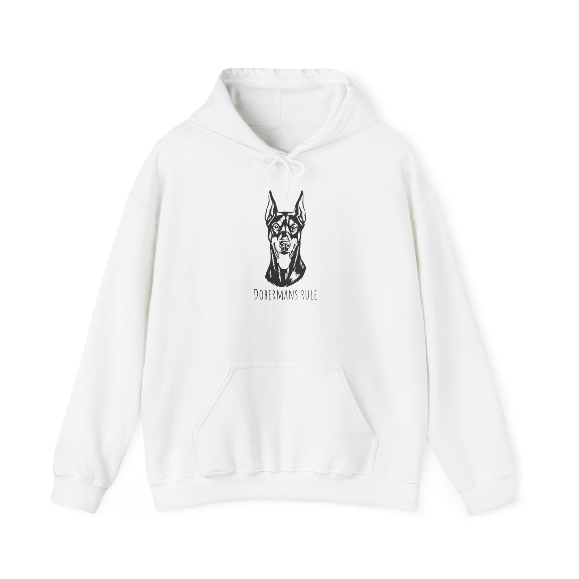 White hoodie with a black dog illustration and 'Dobermans Rule' text on a white background
