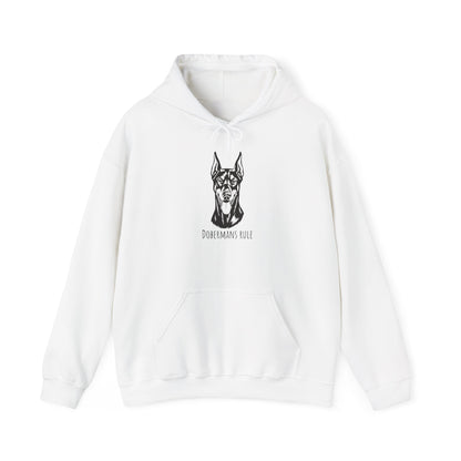 White hoodie with a black dog illustration and 'Dobermans Rule' text on a white background