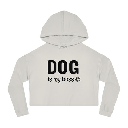 White cropped hoodie with 'DOG is my boss' text on a white background