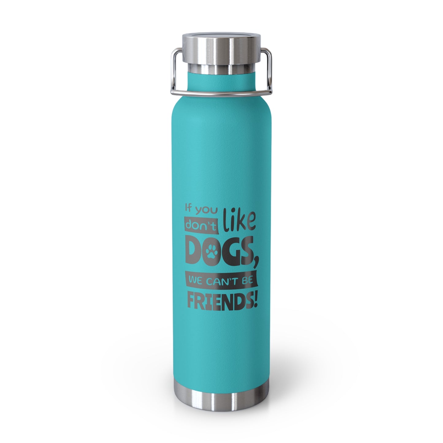Turquoise water bottle with text on a white background