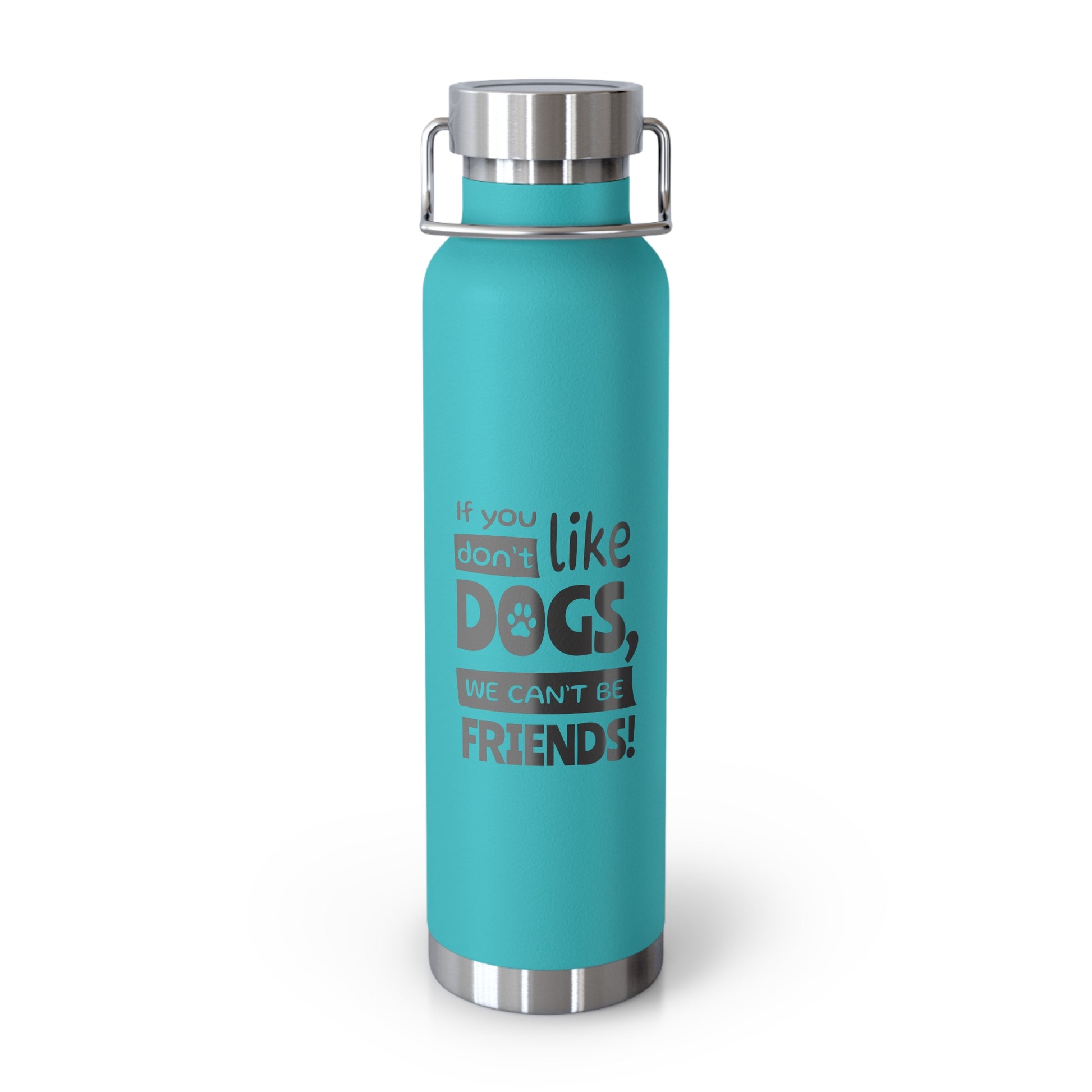 Turquoise water bottle with text on a white background