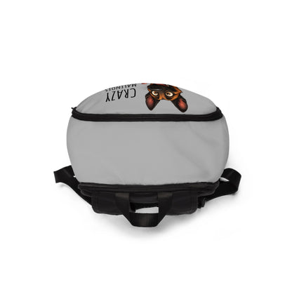 Gray backpack with a graphic design on a white background