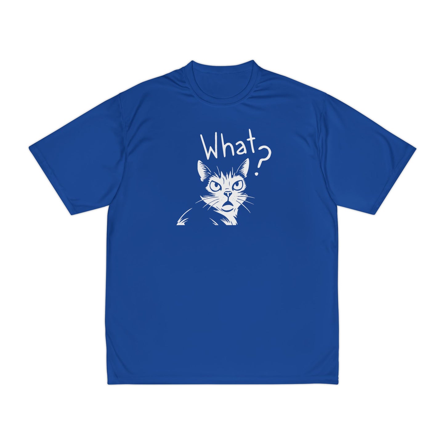 Blue t-shirt with a cat graphic and 'What?' text on a white background