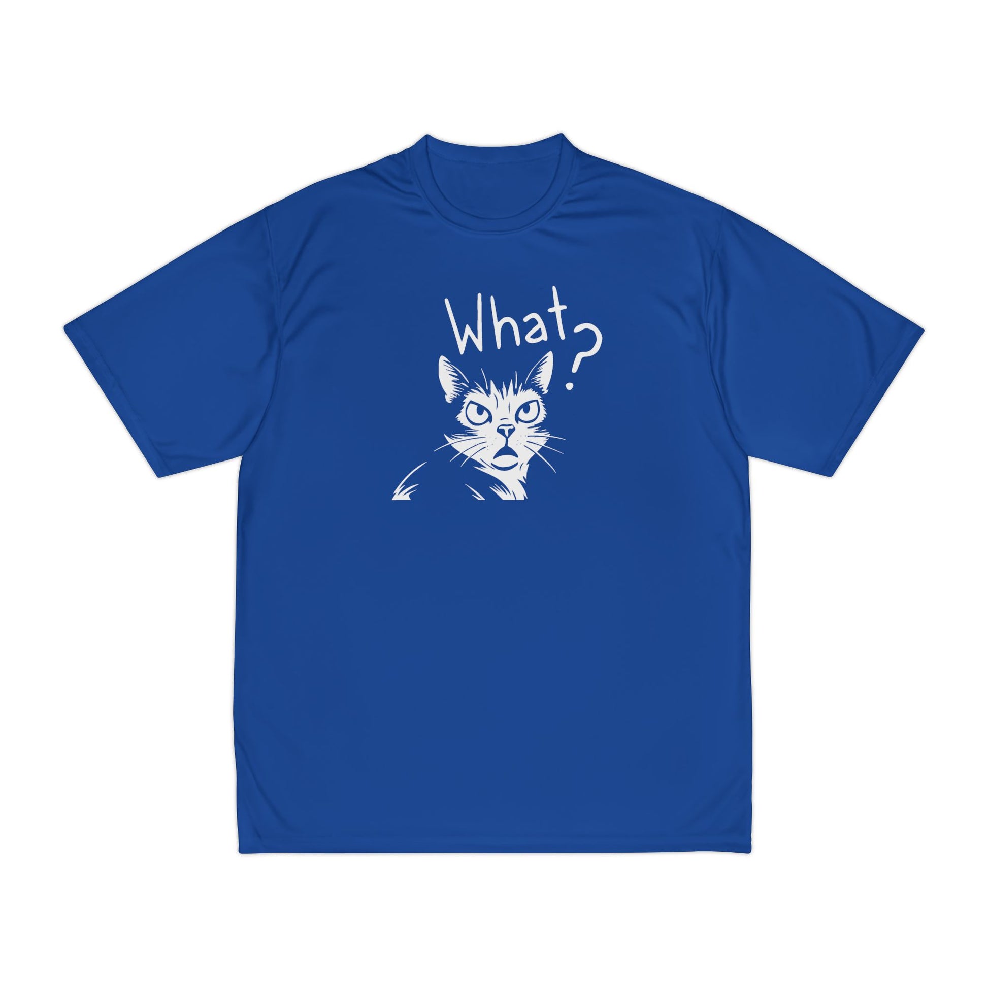 Blue t-shirt with a cat graphic and 'What?' text on a white background