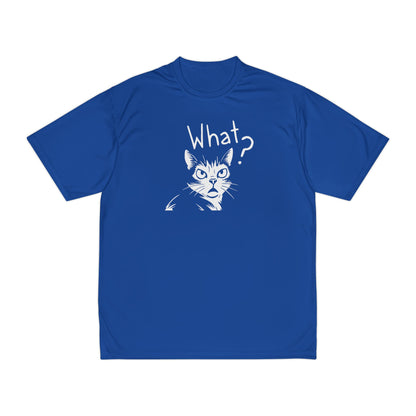 Blue t-shirt with a cat graphic and 'What?' text on a white background