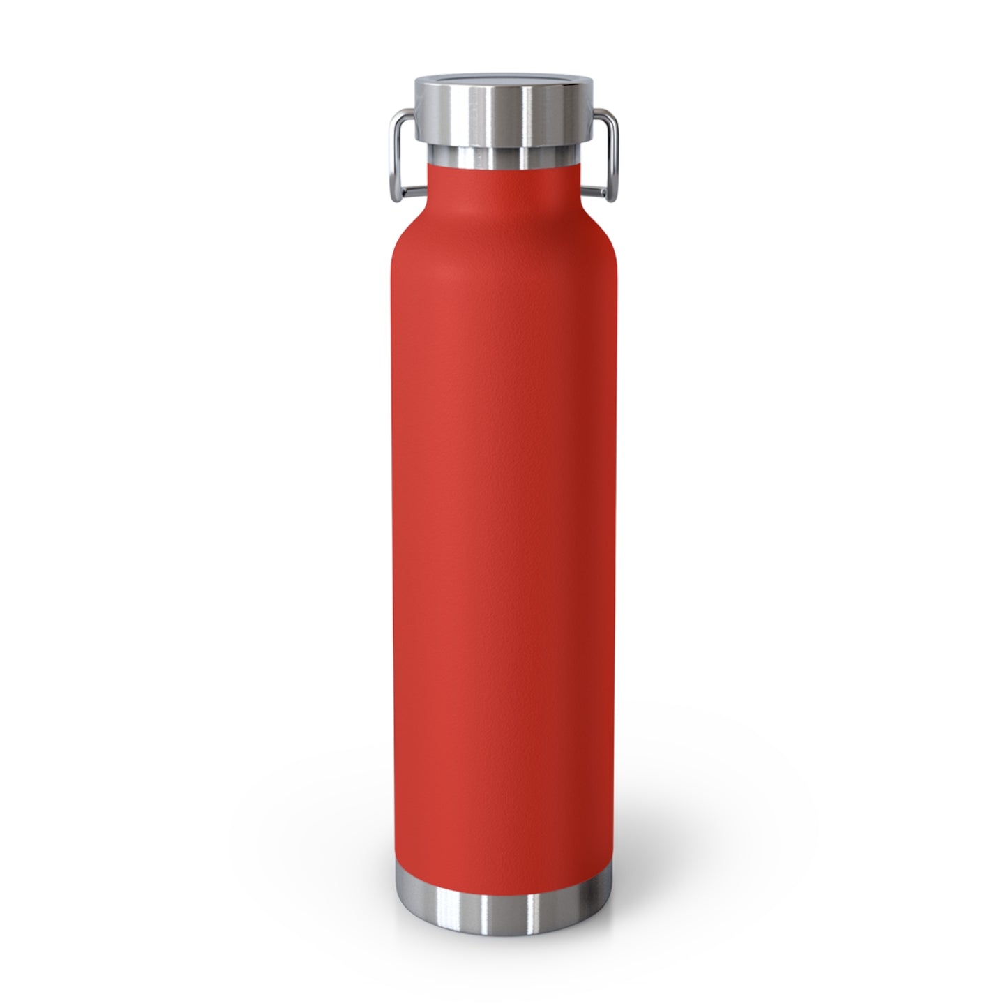 Red water bottle with silver cap on a white background