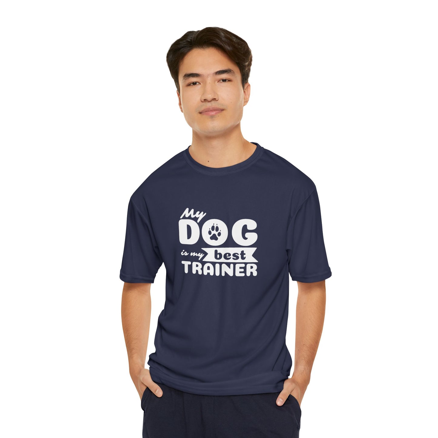 Man wearing a navy blue t-shirt with 'My dog is my best trainer' text on a white background