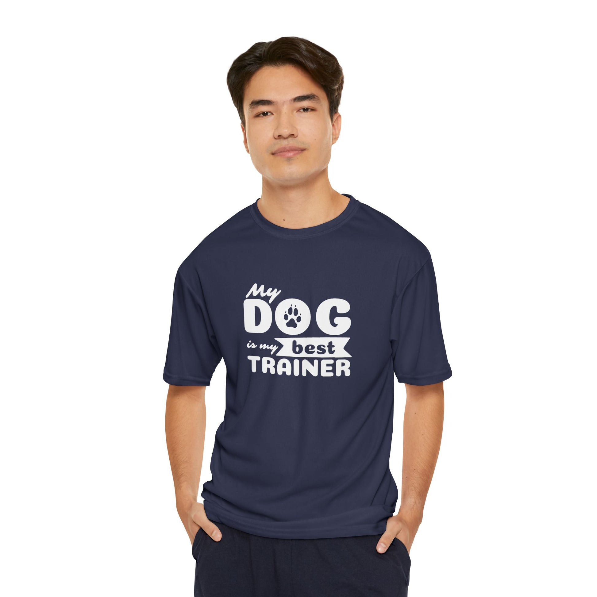 Man wearing a navy blue t-shirt with 'My dog is my best trainer' text on a white background