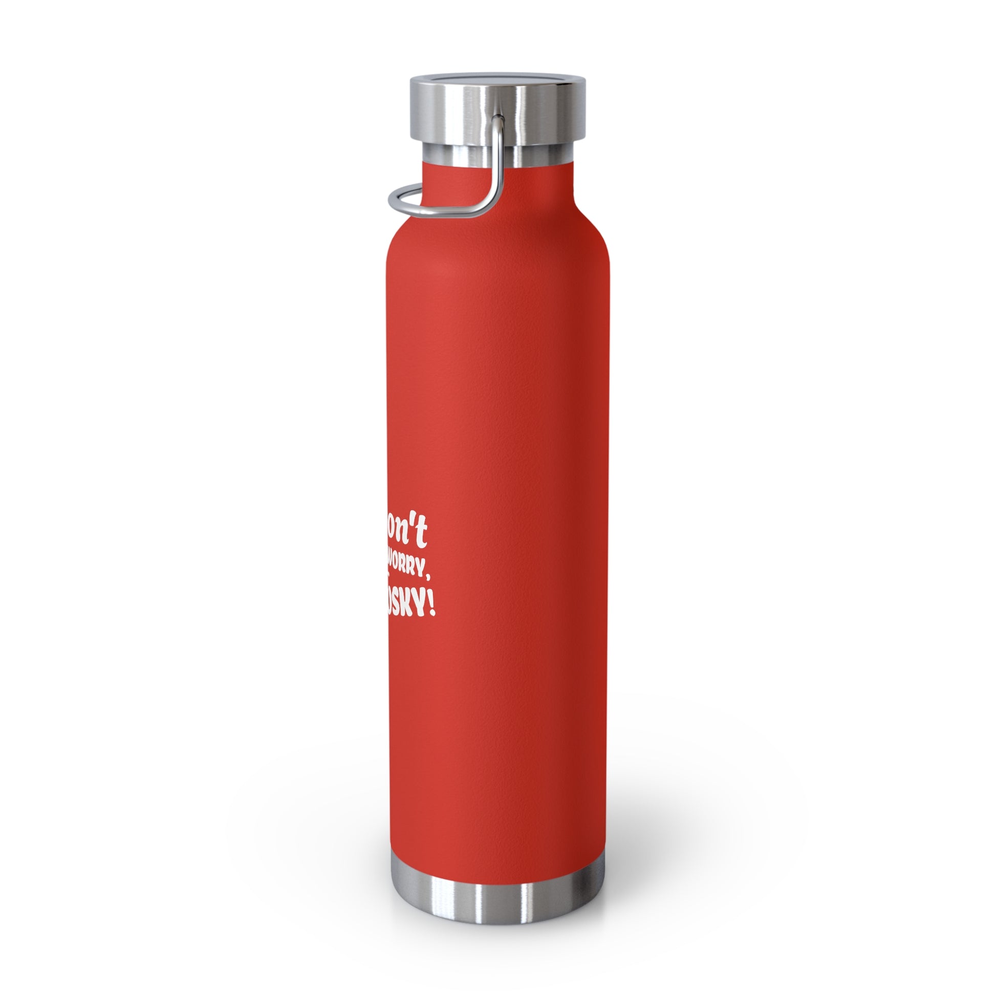 Red water bottle with silver cap on a white background