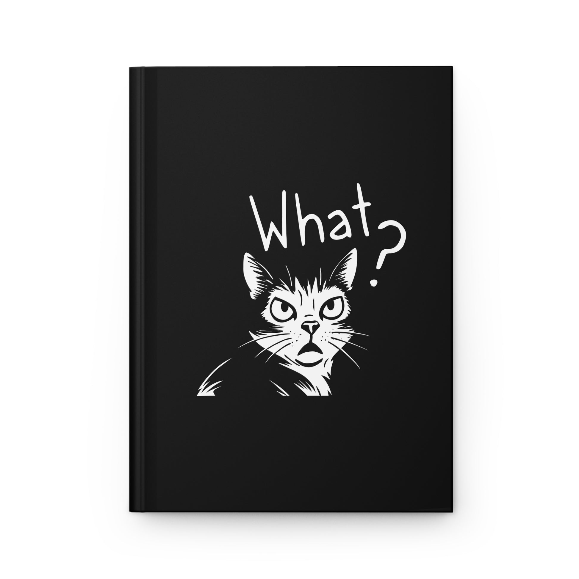 Black notebook with a white cat illustration and 'What?' text on a white background