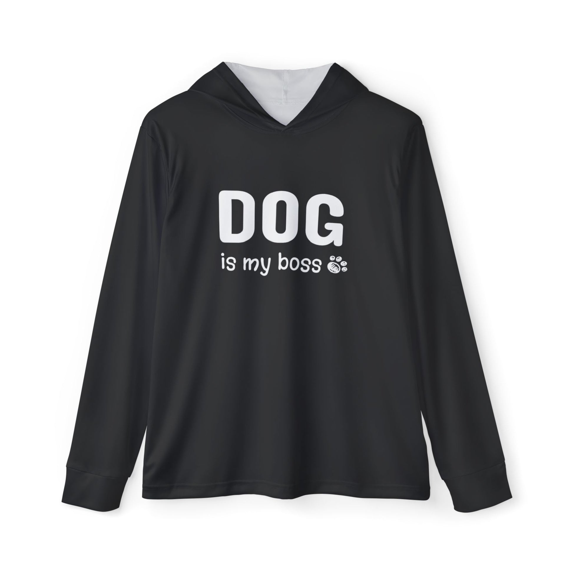 Black hoodie with 'DOG is my boss' text on a white background