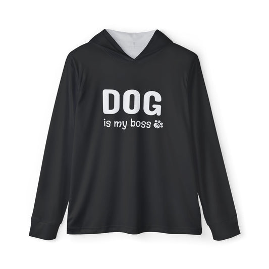 Black hoodie with 'DOG is my boss' text on a white background