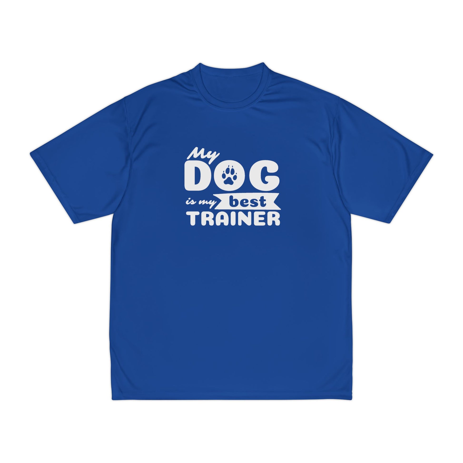 Blue t-shirt with white text 'My dog is my best trainer' on a white background