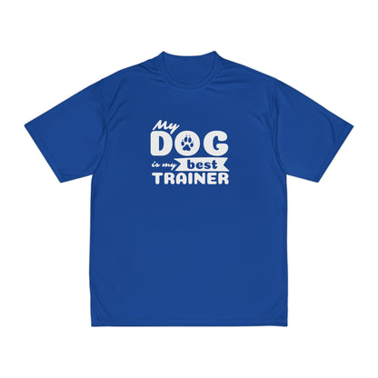 Blue t-shirt with white text 'My dog is my best trainer' on a white background