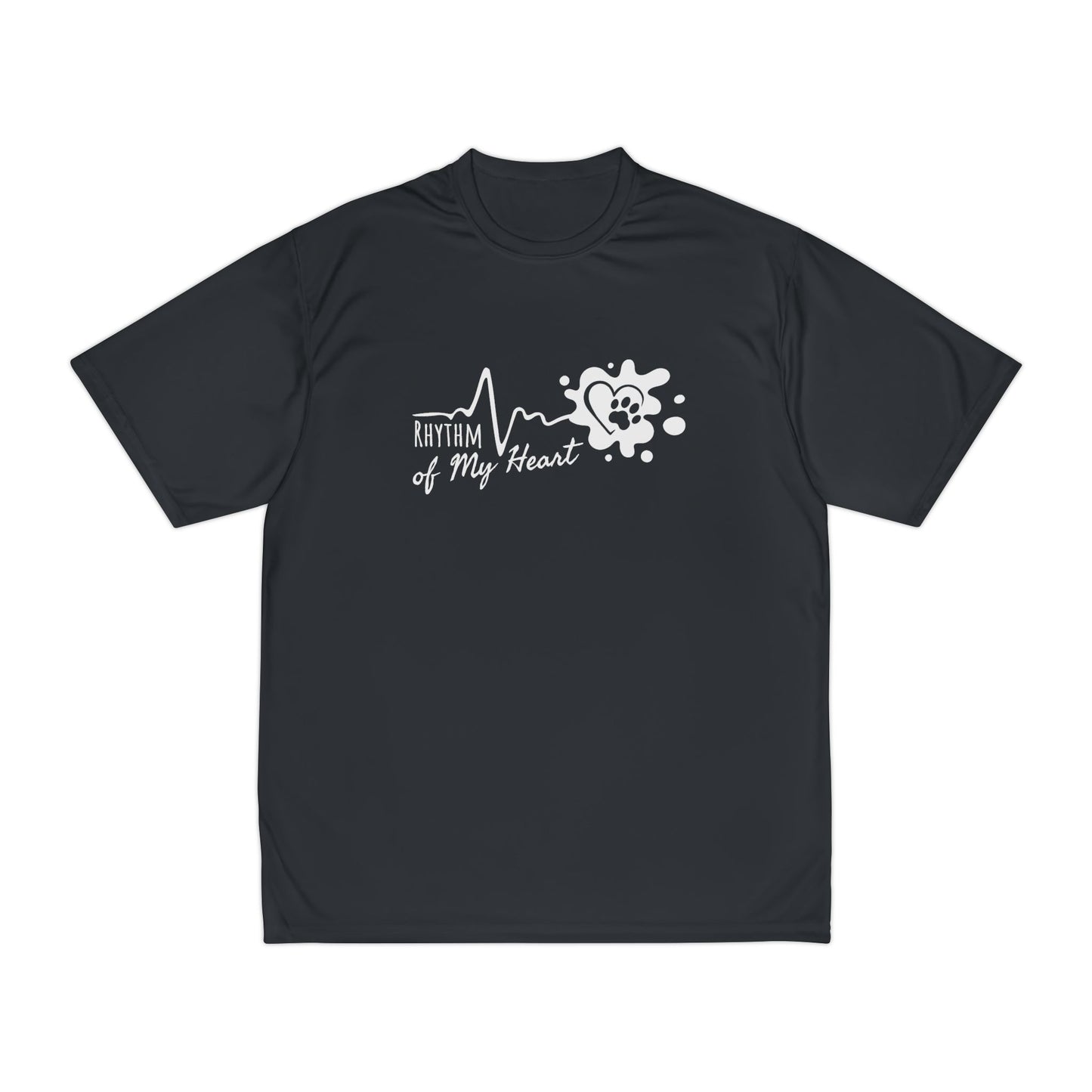 Black t-shirt with white graphic design on a white background