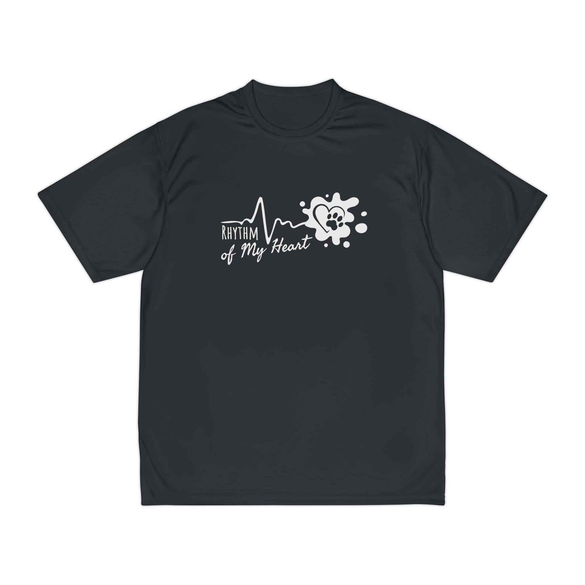 Black t-shirt with white graphic design on a white background