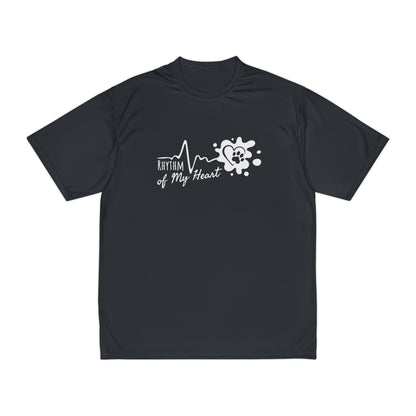 Black t-shirt with white graphic design on a white background