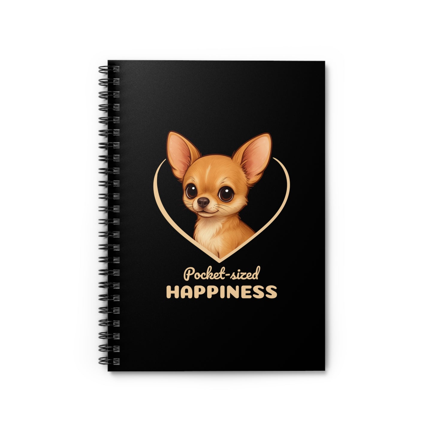 Notebook with a chihuahua illustration and text on a black background