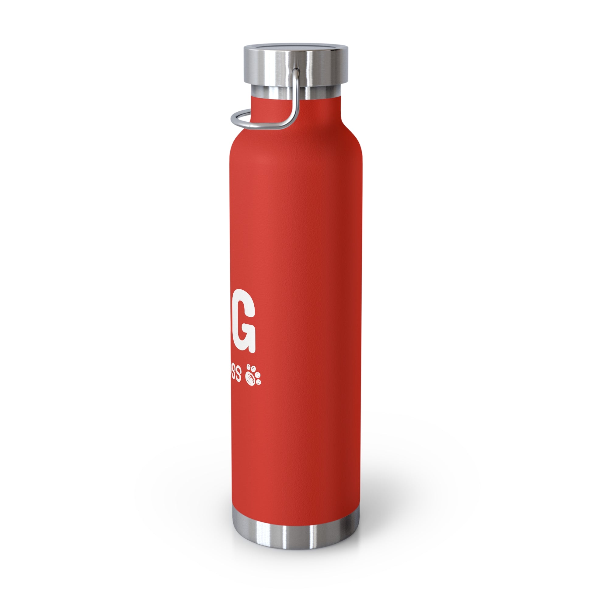 Red water bottle with silver cap on a white background