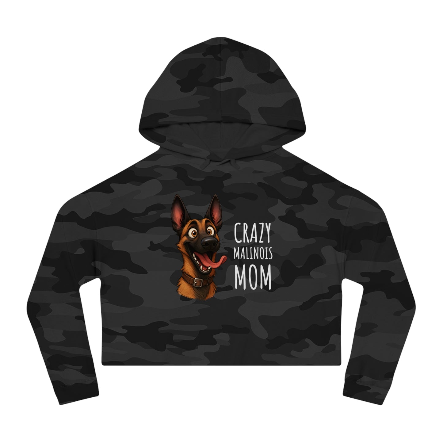 Black camouflage hoodie with a dog graphic and text on a white background