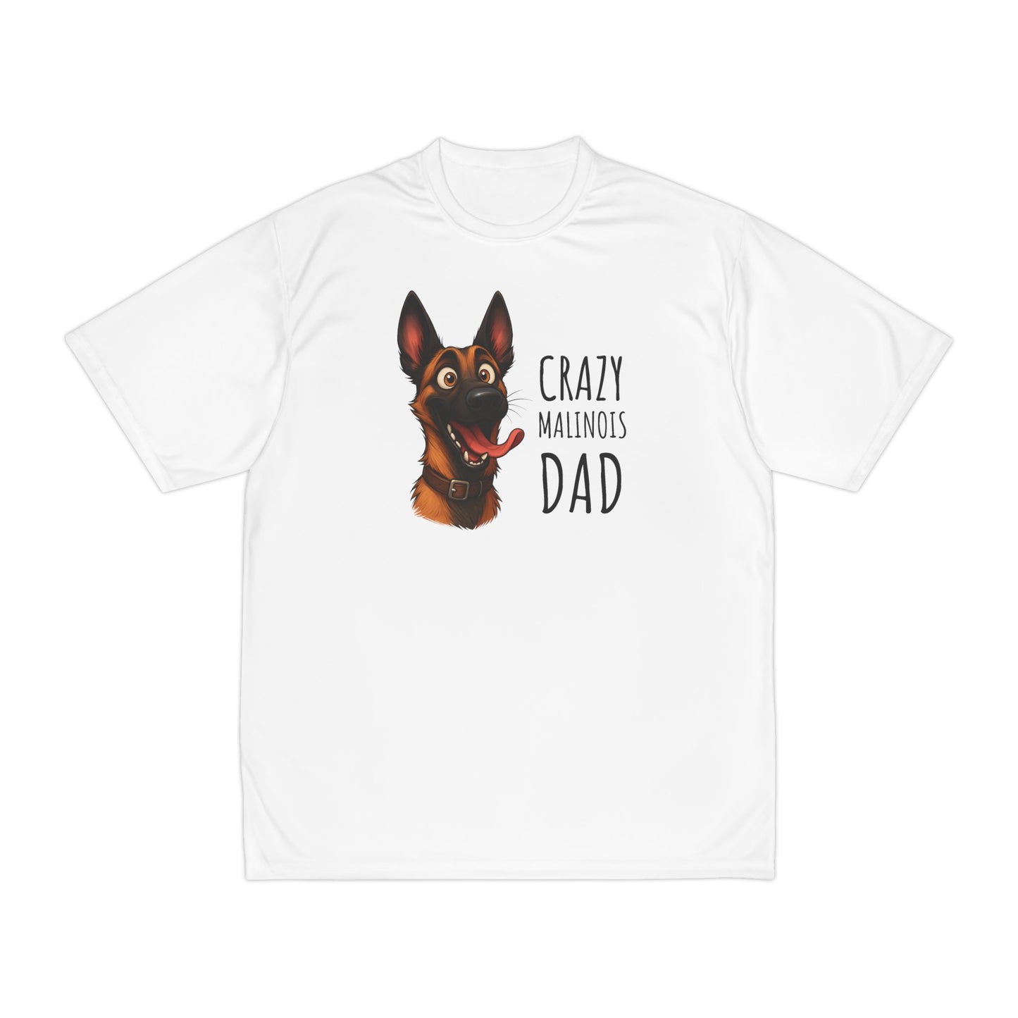 White t-shirt with a dog graphic and text on a white background