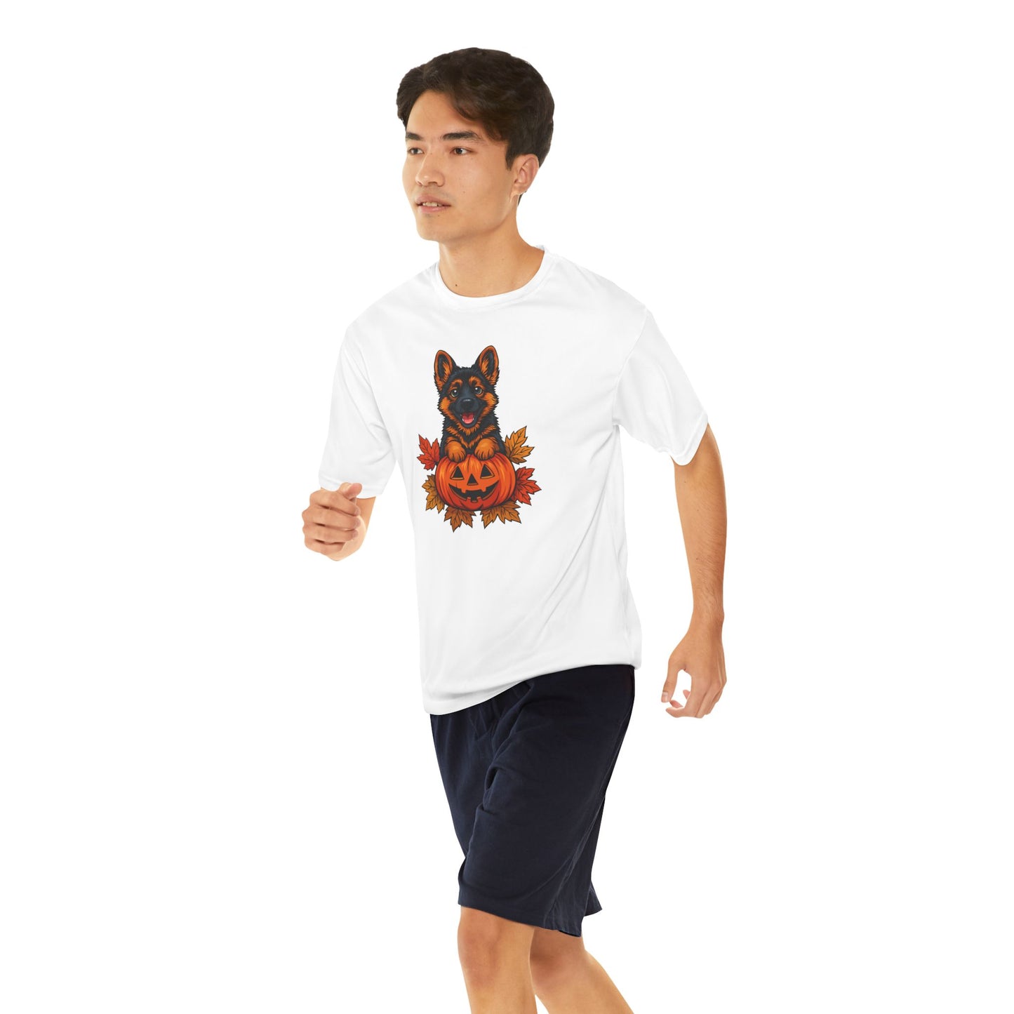 Man wearing a white t-shirt with a graphic design of a dog in a pumpkin costume on a white background