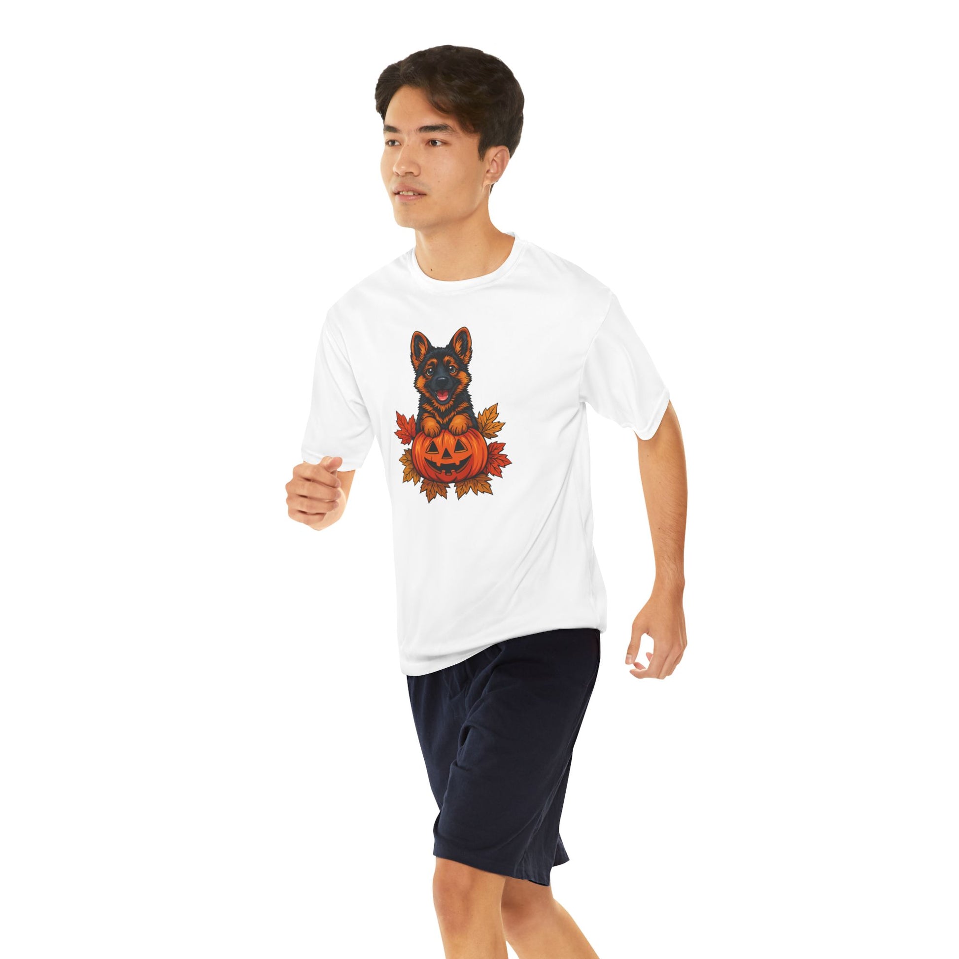 Man wearing a white t-shirt with a graphic design of a dog in a pumpkin costume on a white background