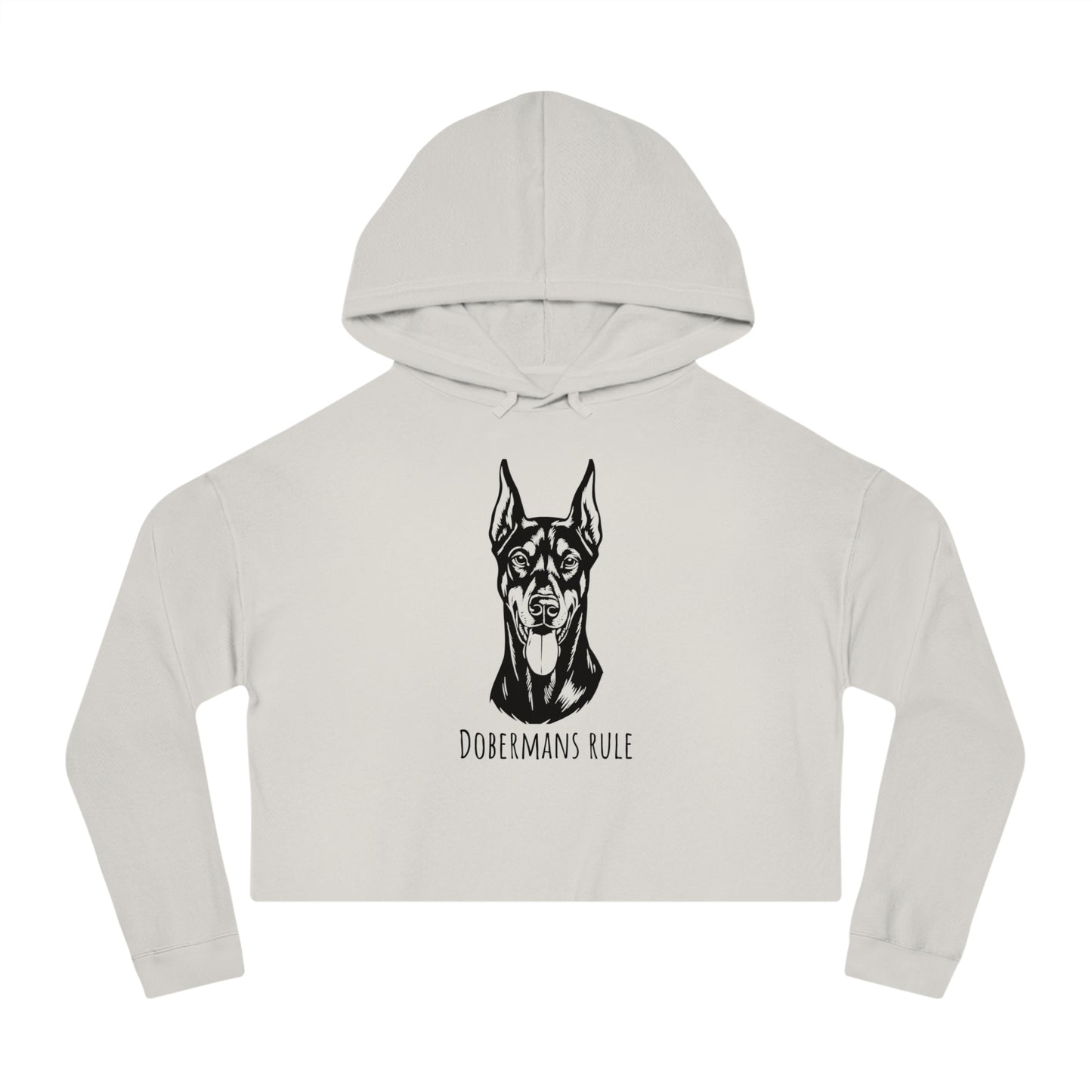Light gray cropped hoodie with a black doberman graphic and 'Dobermans Rule' text on a white background