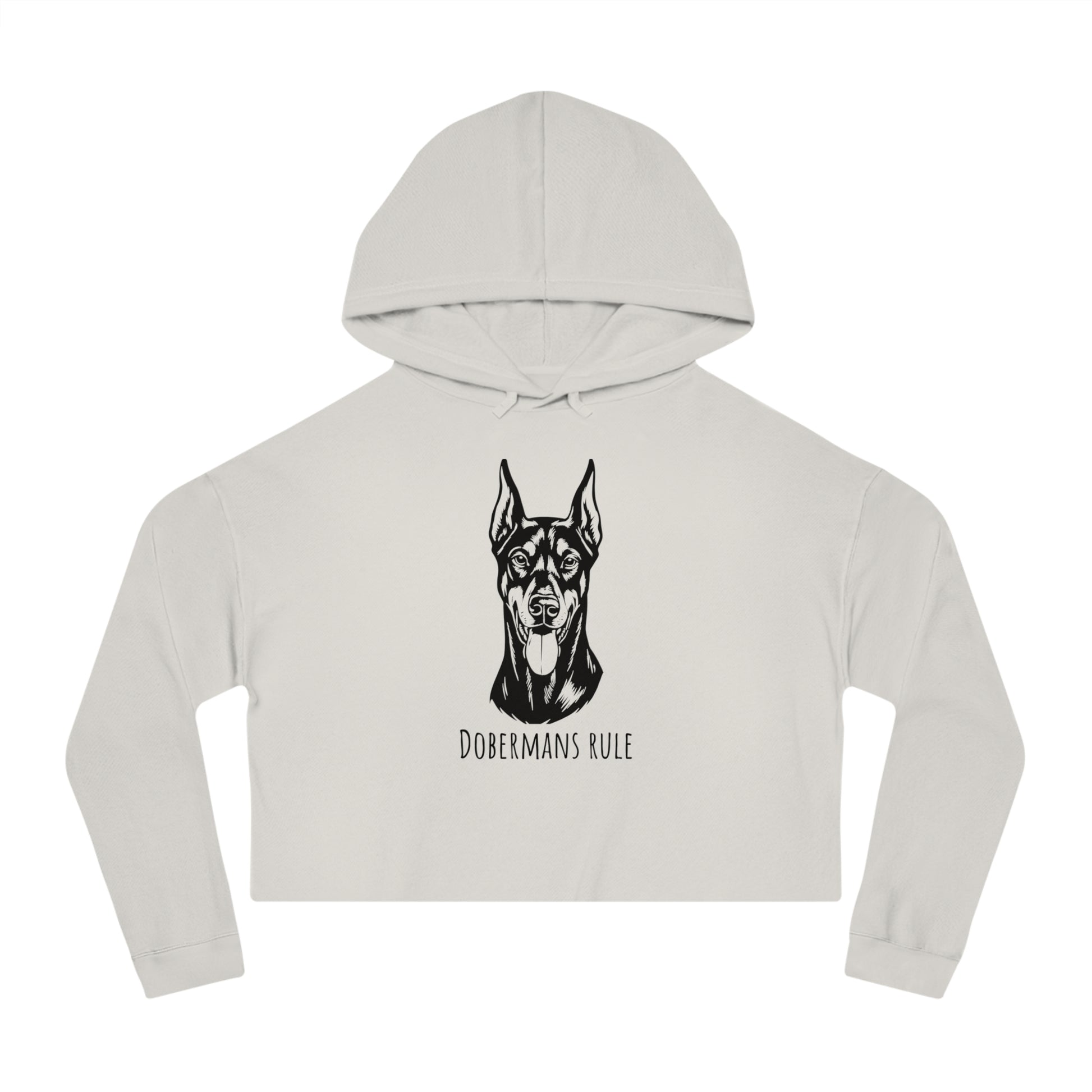 Light gray cropped hoodie with a black doberman graphic and 'Dobermans Rule' text on a white background