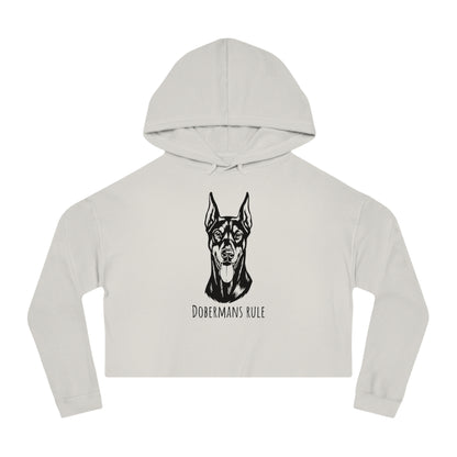 Light gray cropped hoodie with a black doberman graphic and 'Dobermans Rule' text on a white background