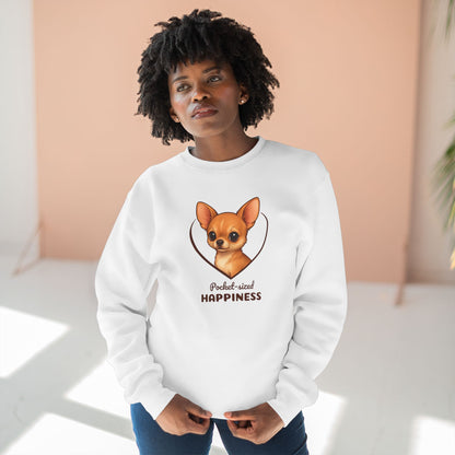 Person wearing a white sweatshirt with a dog illustration and text