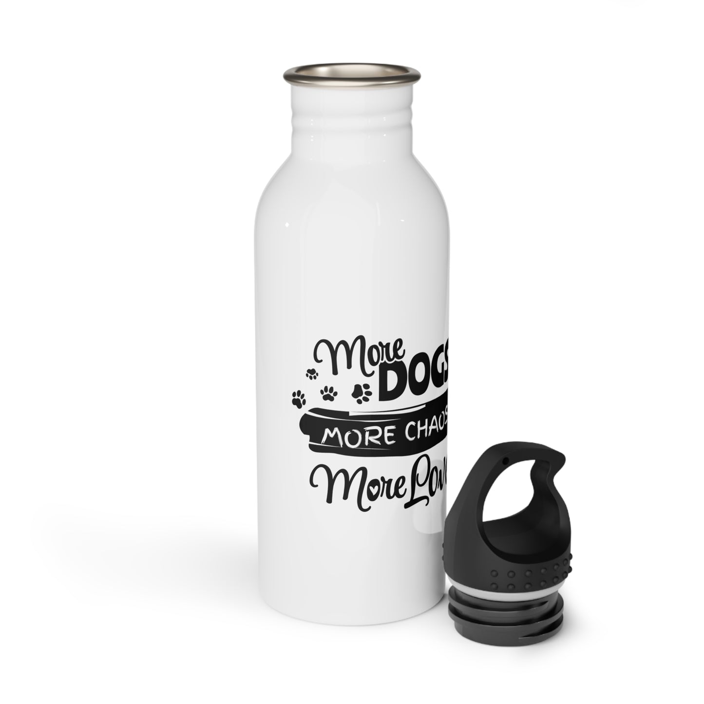 White water bottle with black text and a black cap on a white background