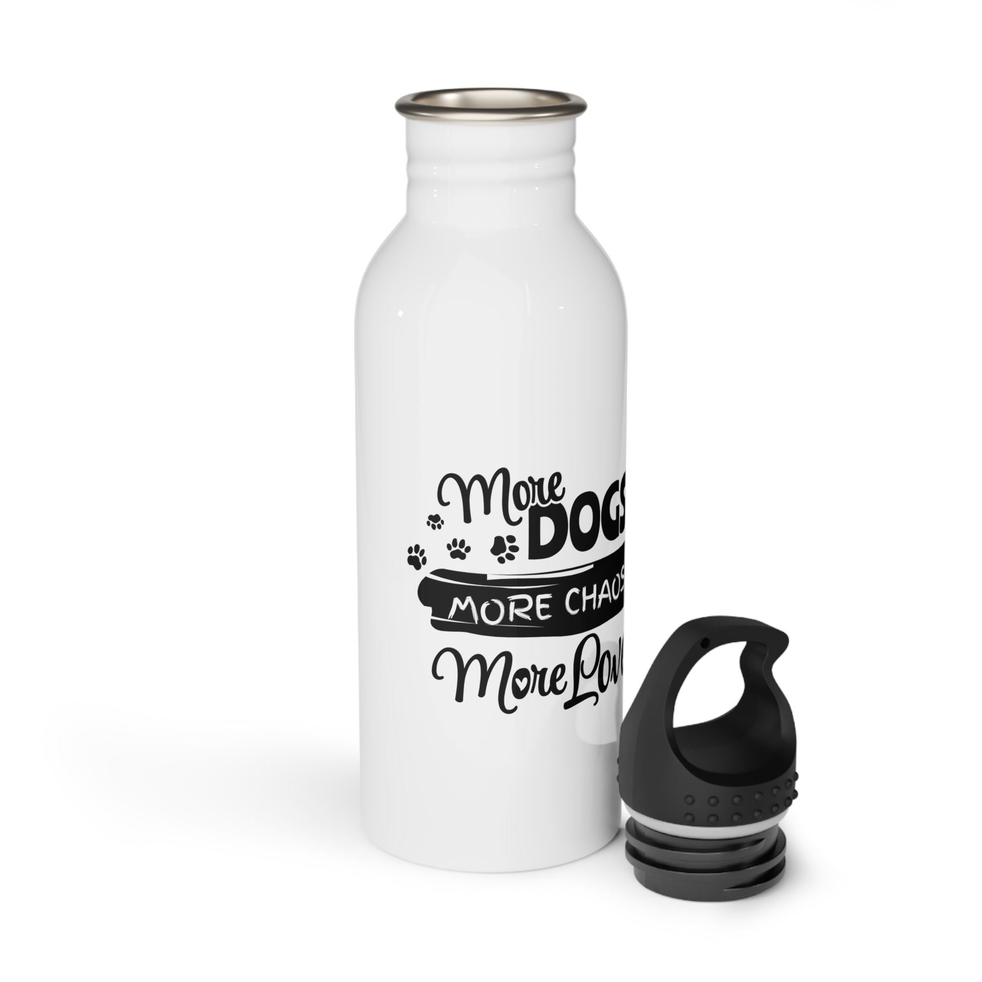 White water bottle with black text and a black cap on a white background