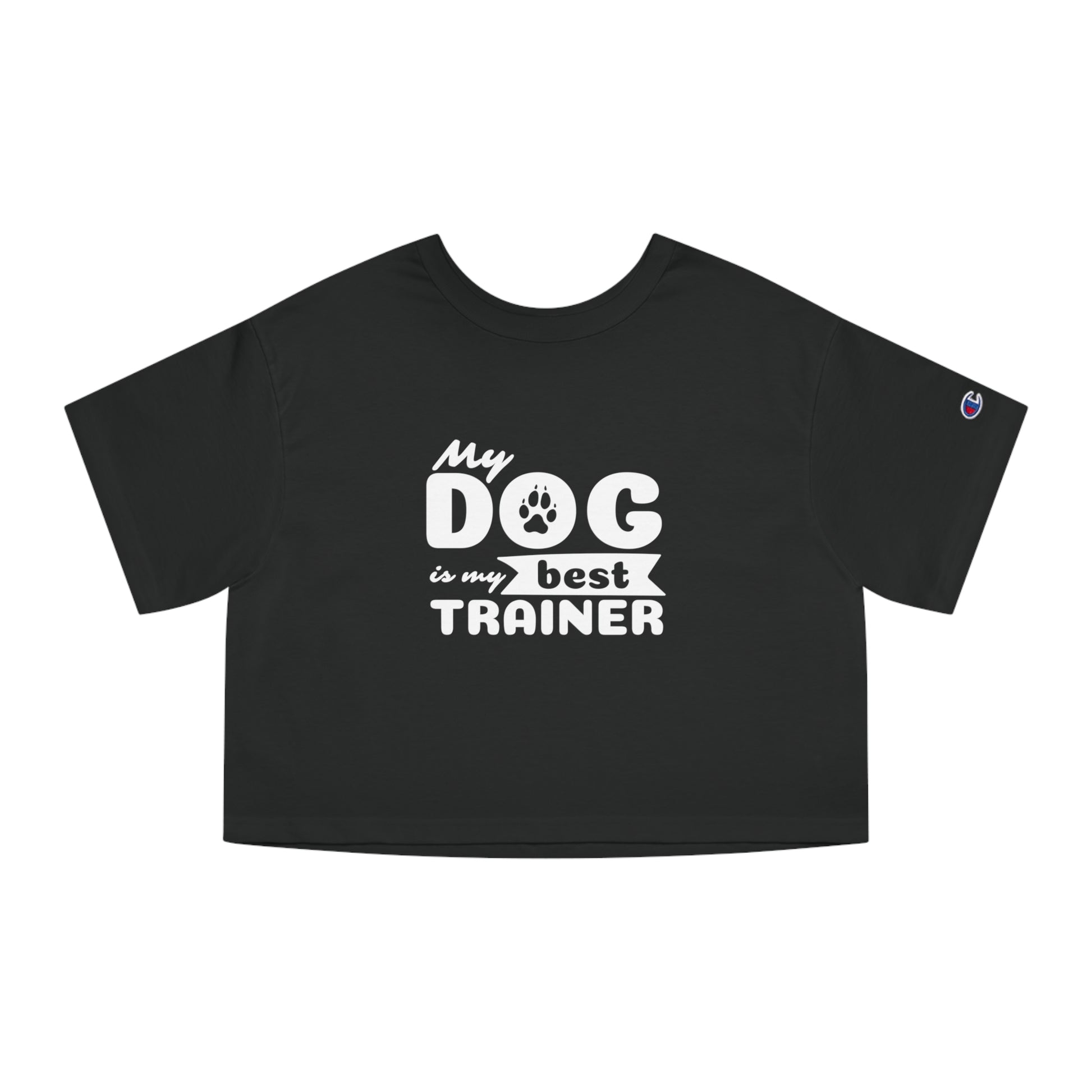 Black t-shirt with 'My dog is my best trainer' text on a white background