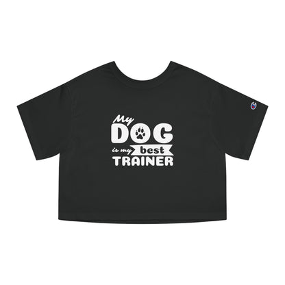 Black t-shirt with 'My dog is my best trainer' text on a white background