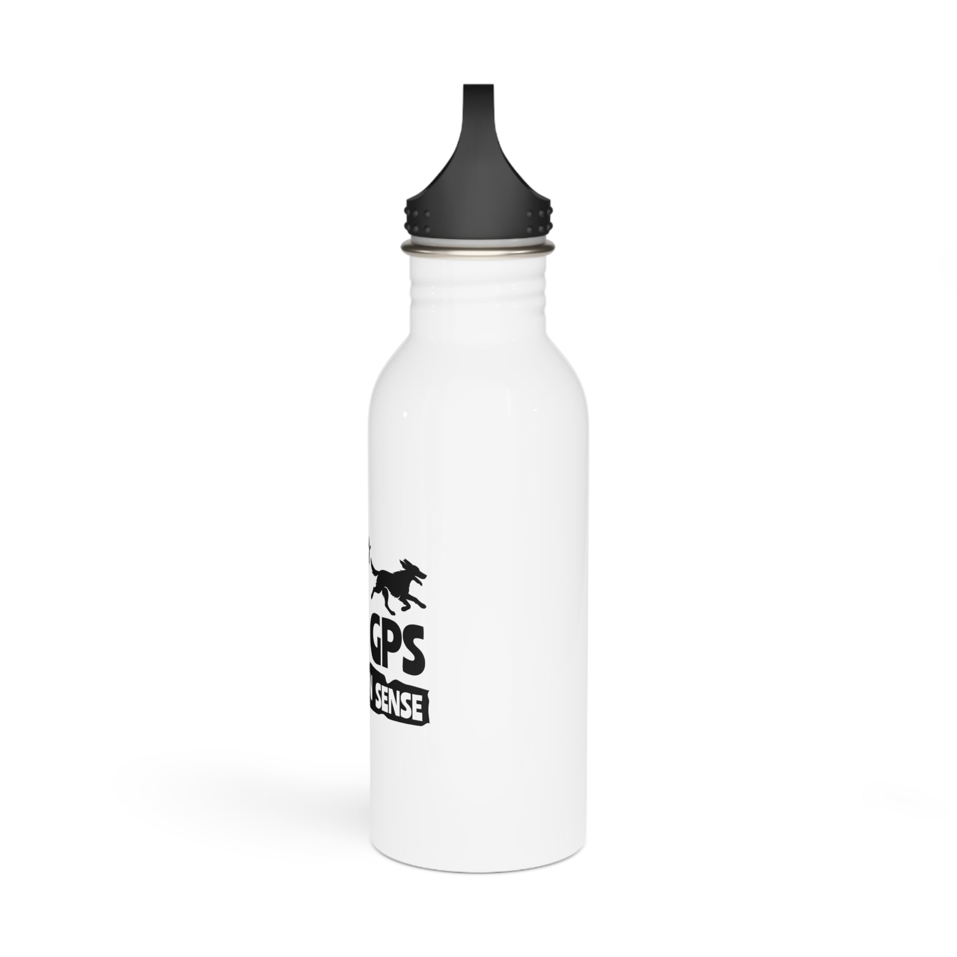 White water bottle with black cap and logo on a white background