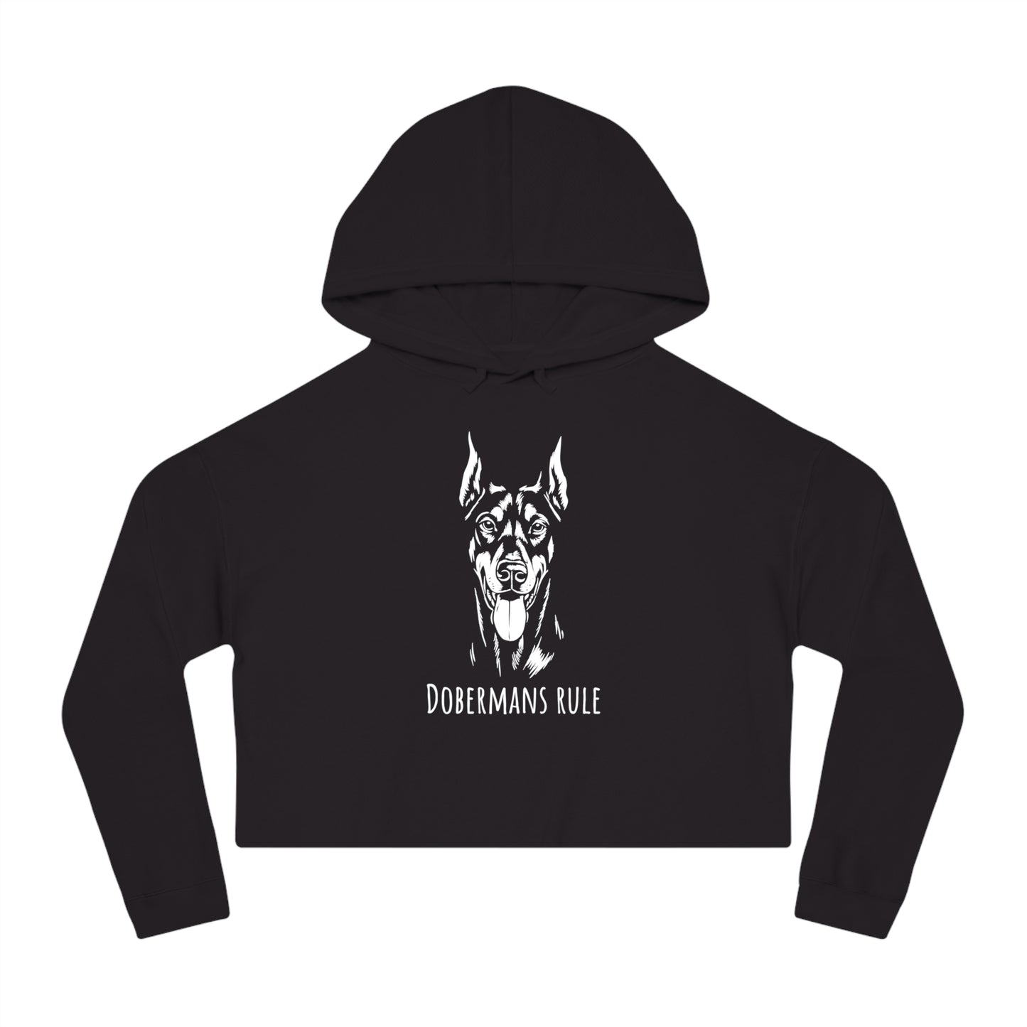 Black cropped hoodie with Doberman graphic and 'Dobermans Rule' text on a white background