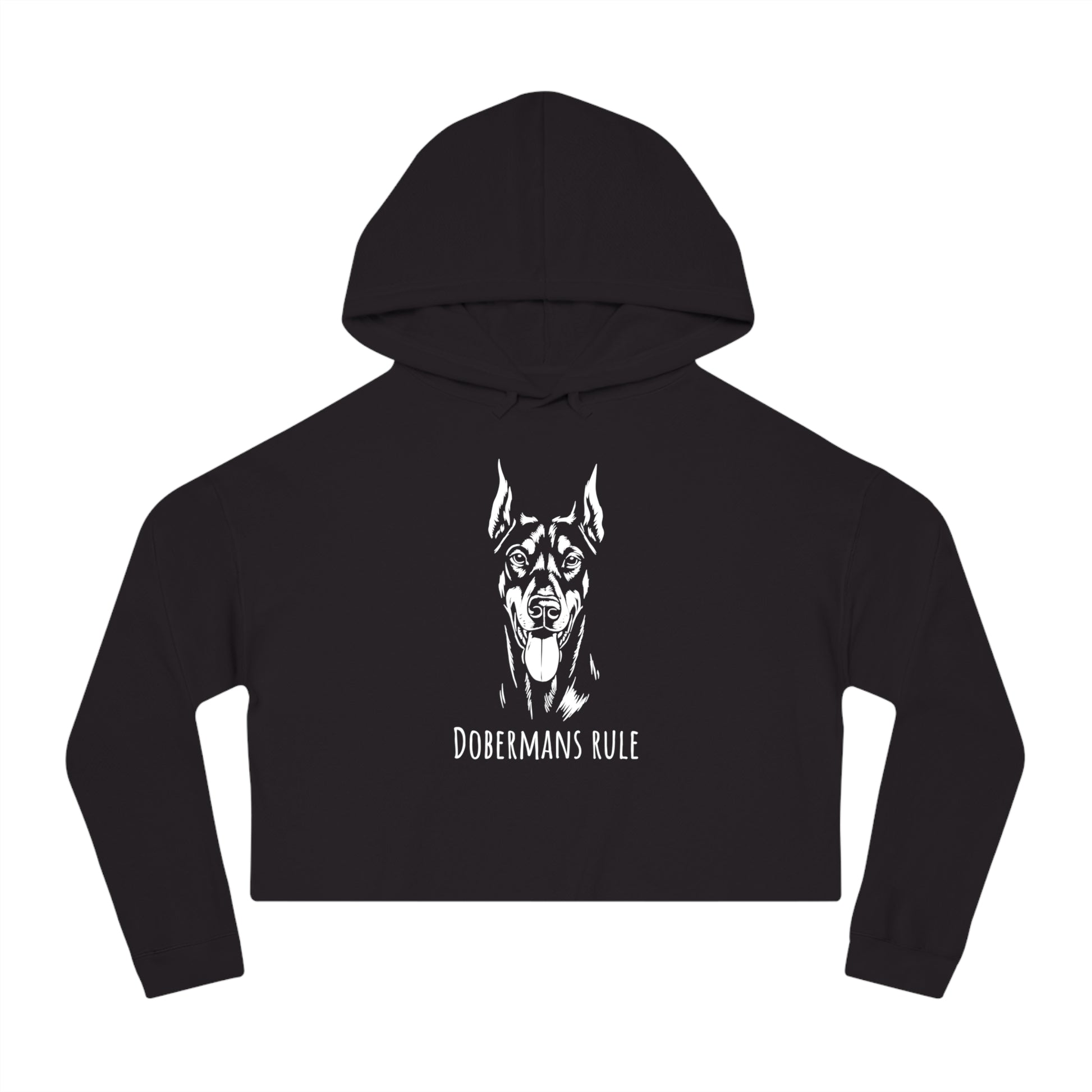 Black cropped hoodie with Doberman graphic and 'Dobermans Rule' text on a white background