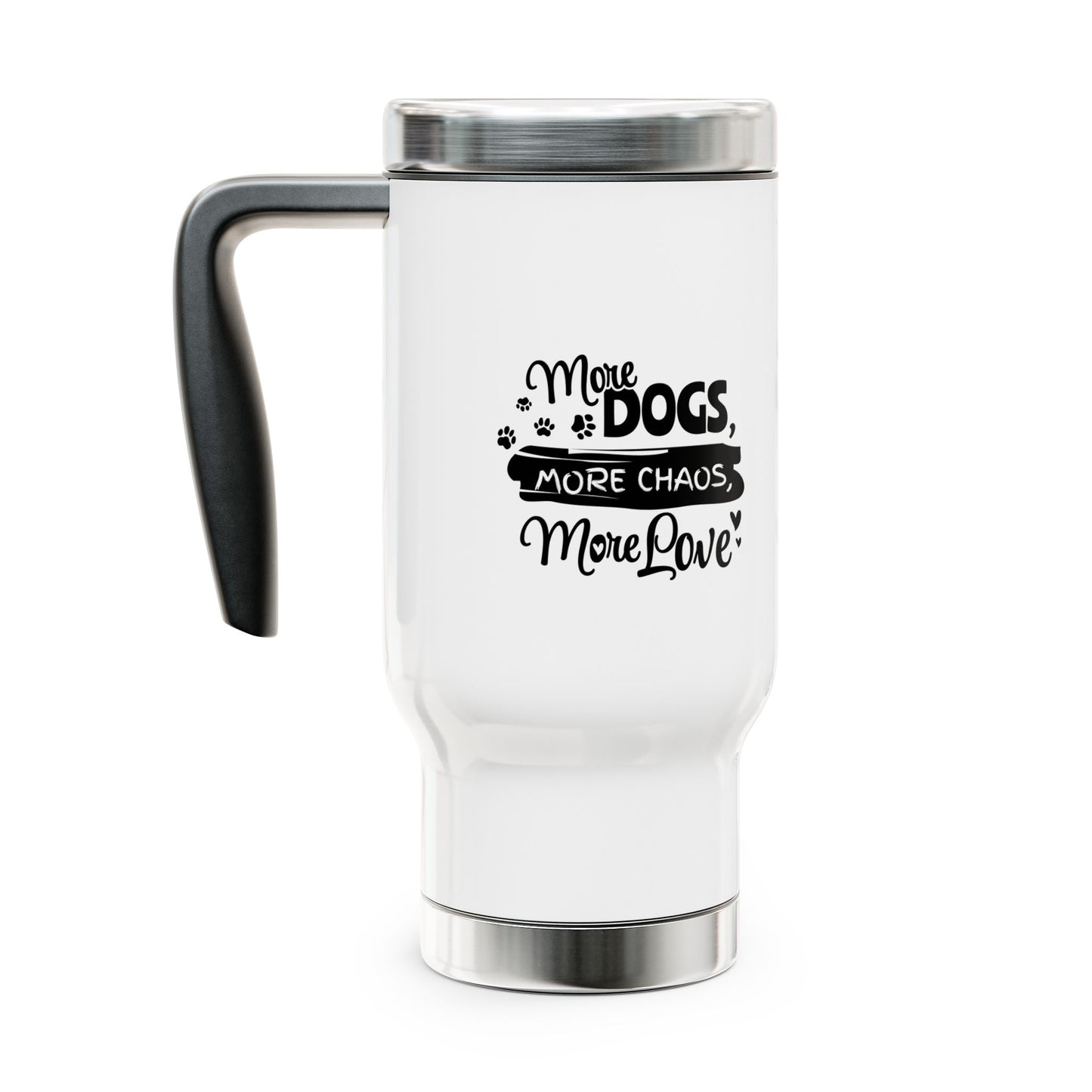 White travel mug with black text and paw prints on a white background