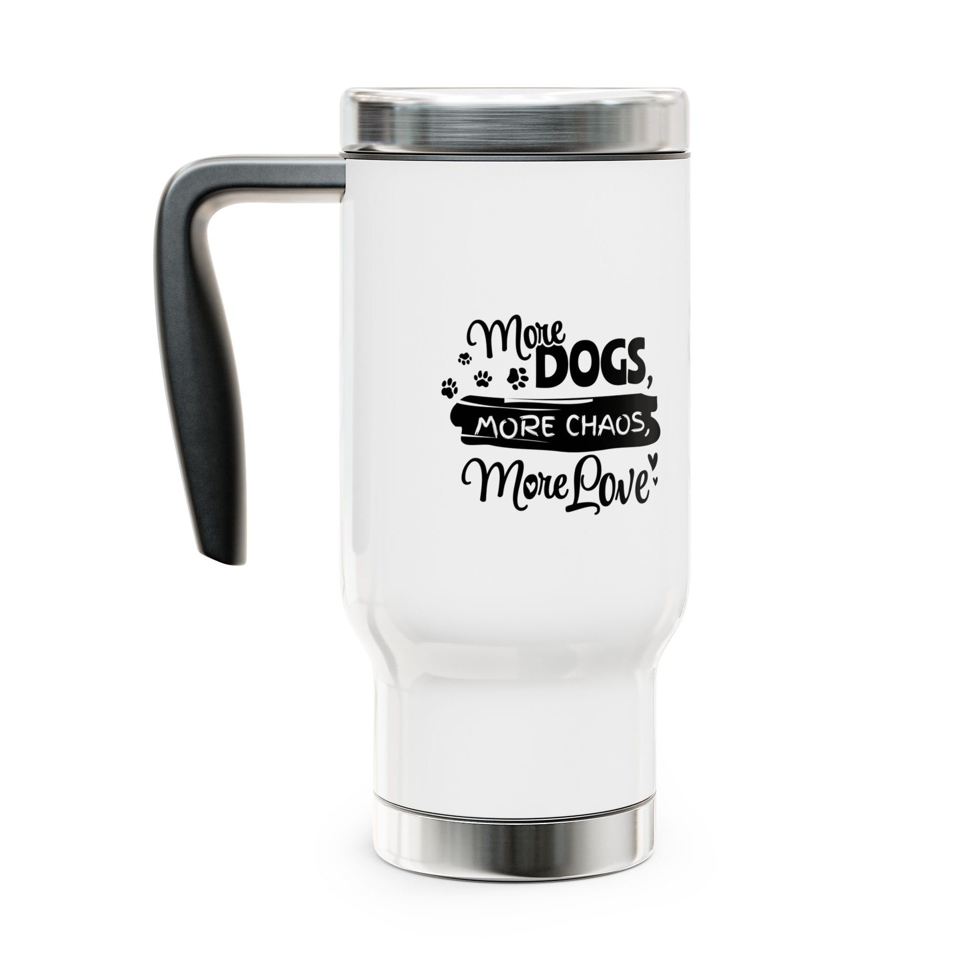 White travel mug with black text and paw prints on a white background