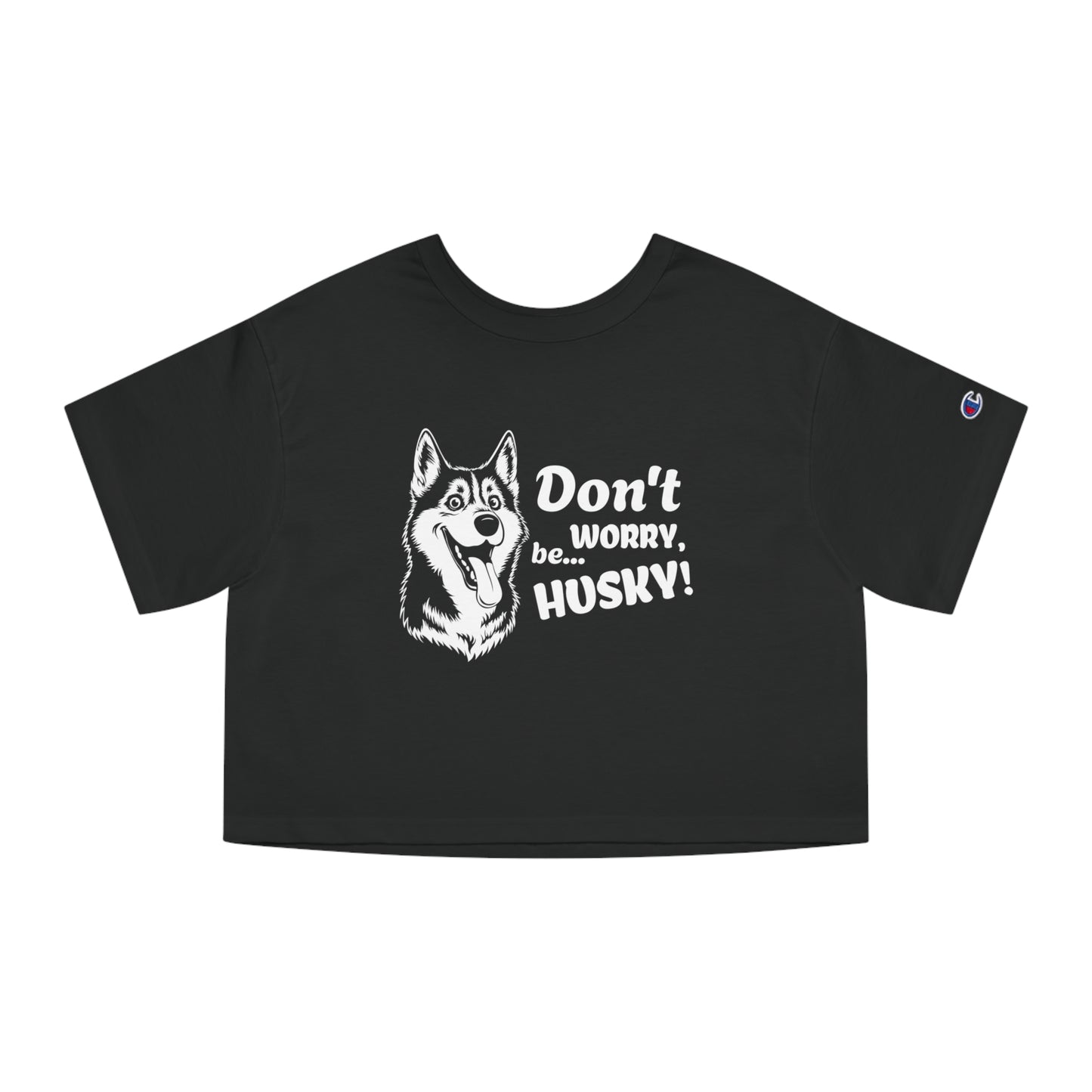 Black t-shirt with husky graphic and text on a white background