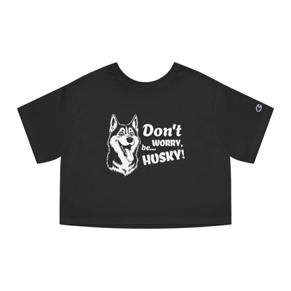 Black t-shirt with husky graphic and text on a white background