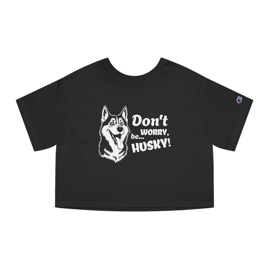 Black t-shirt with husky graphic and text on a white background