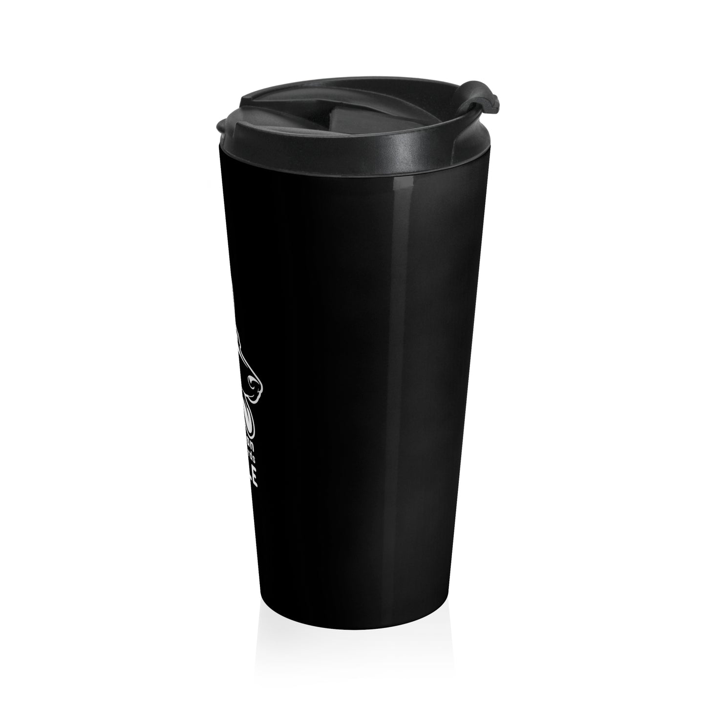 Black travel mug with a white logo on a white background