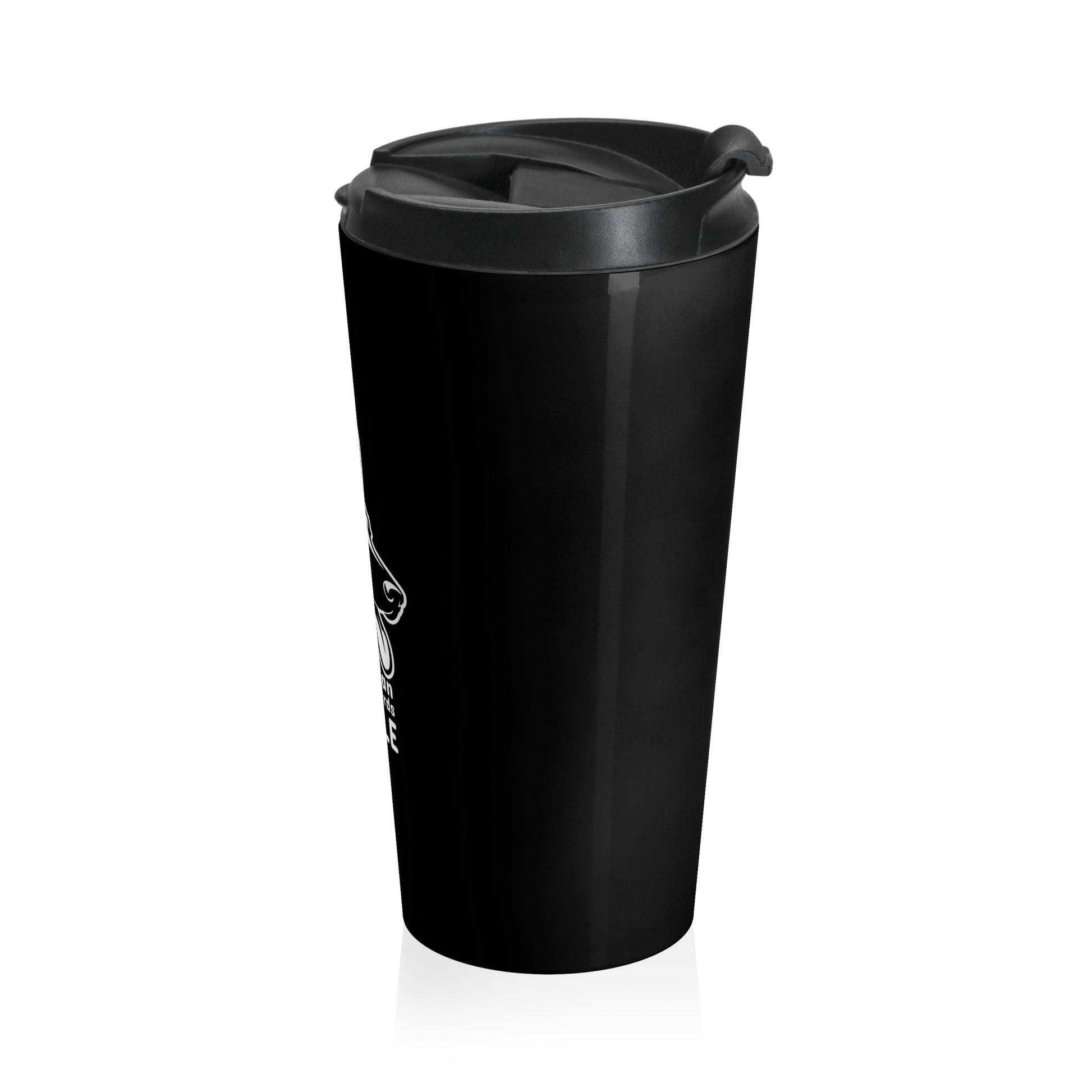 Black travel mug with a white logo on a white background